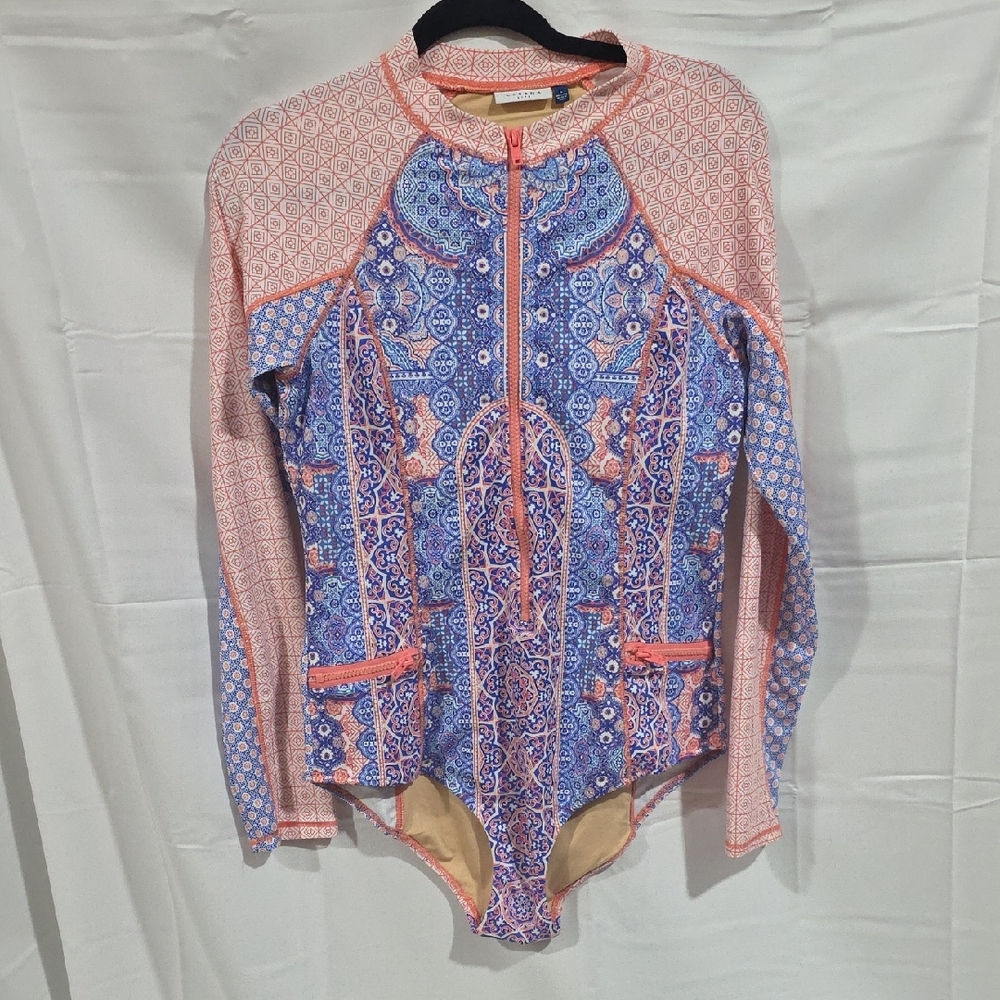 Cabana Life Coral and Blue Patterned Zip-Up One Piece Swimsuit
